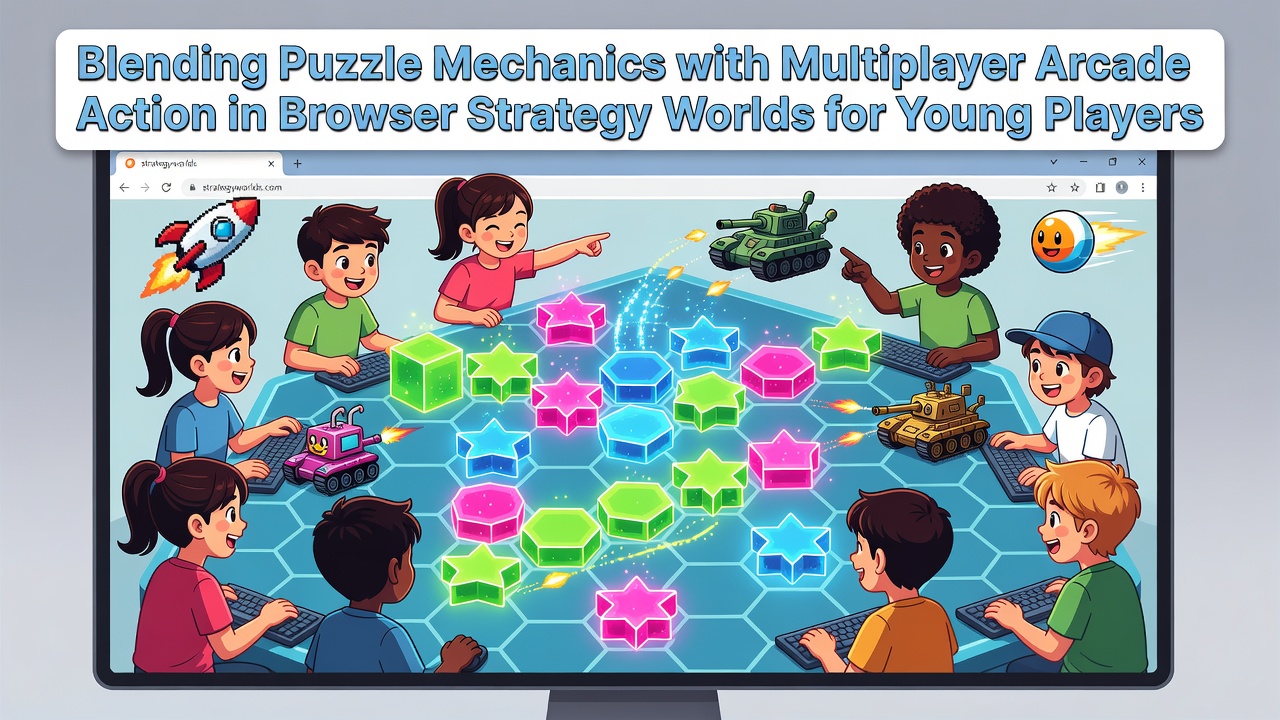 Young players collaborating on a browser-based strategy game that mixes puzzle solving with arcade-style challenges