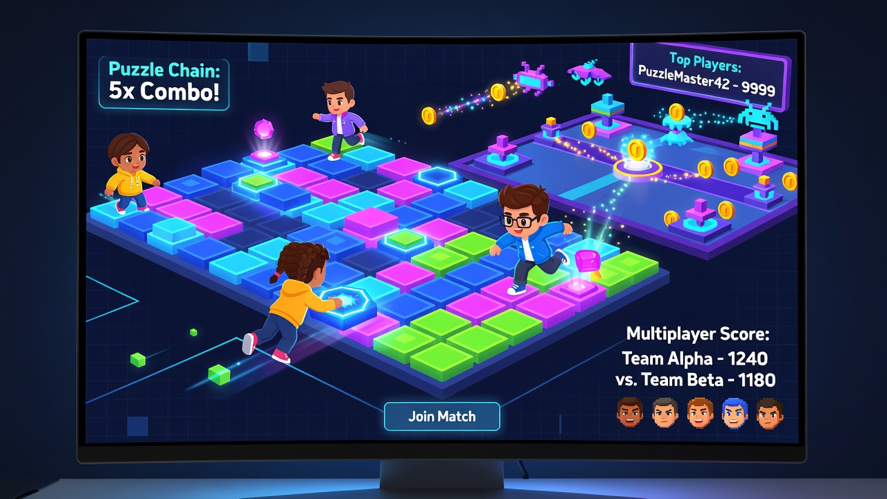 Screenshot of a multiplayer browser strategy session showing puzzle grids and arcade movement phases for young participants