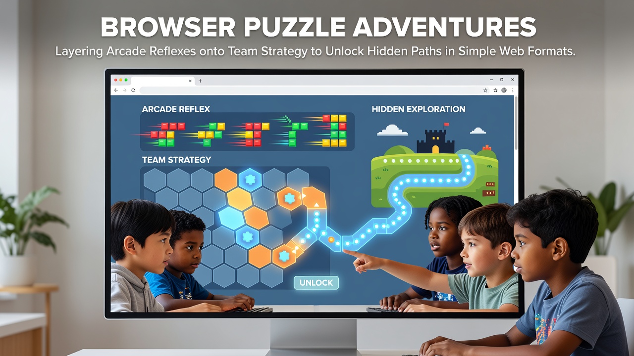 Kids collaborating on a browser-based puzzle adventure with arcade elements visible on screen