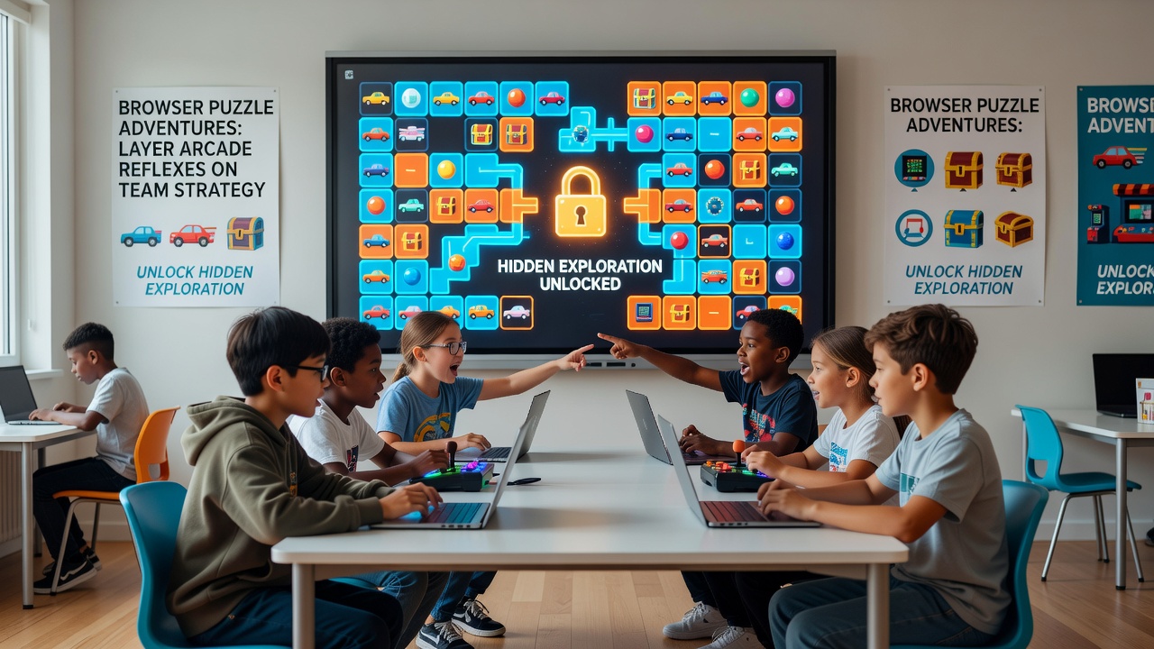 Team of children reviewing strategy on a shared browser screen during a puzzle adventure session