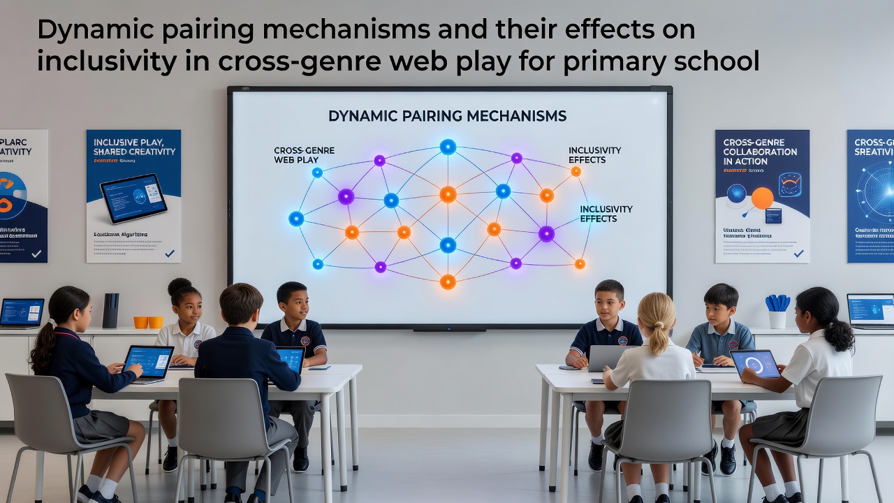 Diverse group of primary school students using shared browser interfaces during a cross-genre multiplayer session with dynamic pairing active