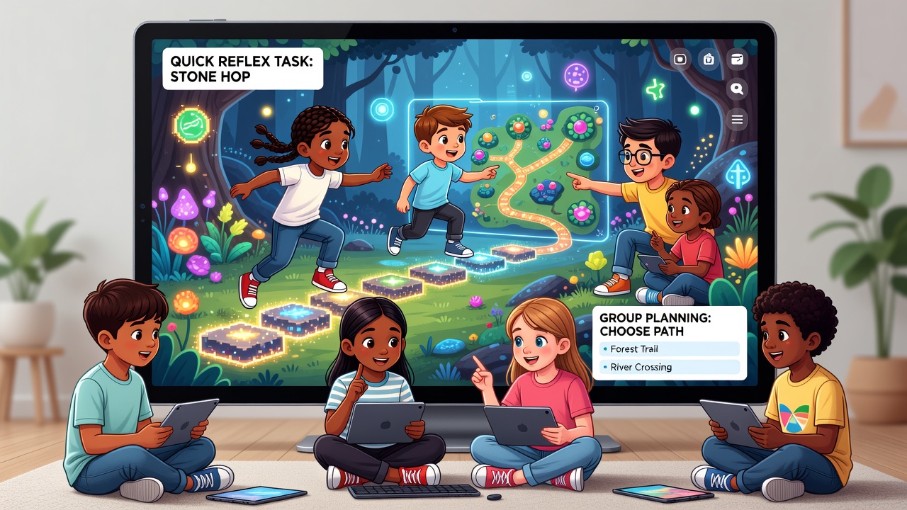Children collaborating on a browser-based exploration game mixing quick actions and strategy planning