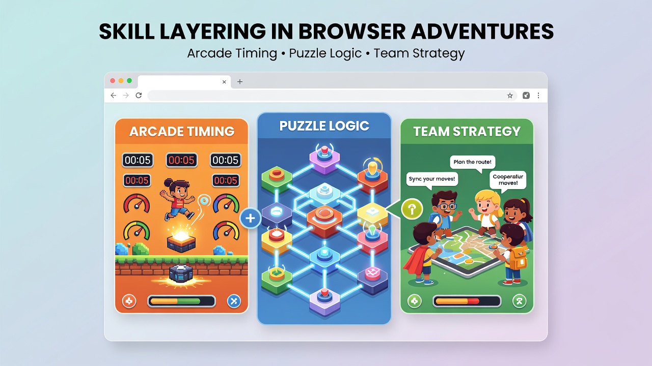 Browser-based adventure game interface displaying integrated timing challenges, logic puzzles, and team coordination panels for young players