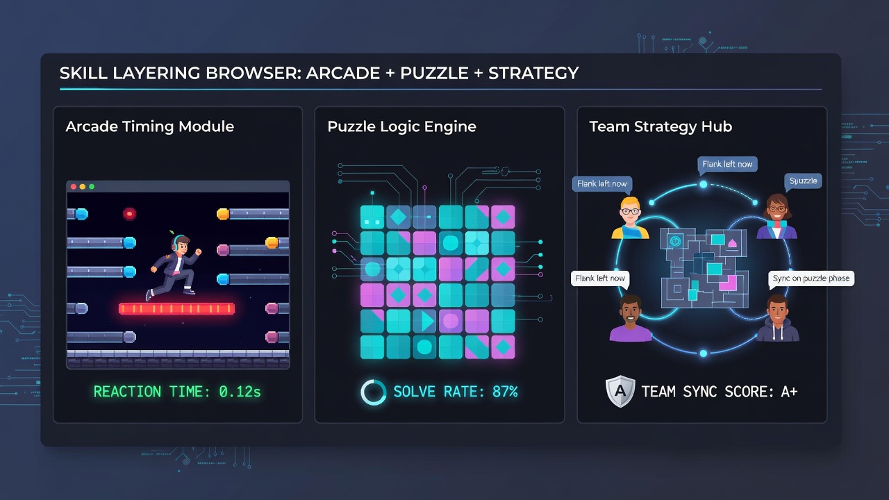 Multiplayer browser screen showing team members coordinating arcade actions with puzzle and strategy overlays in a child adventure game