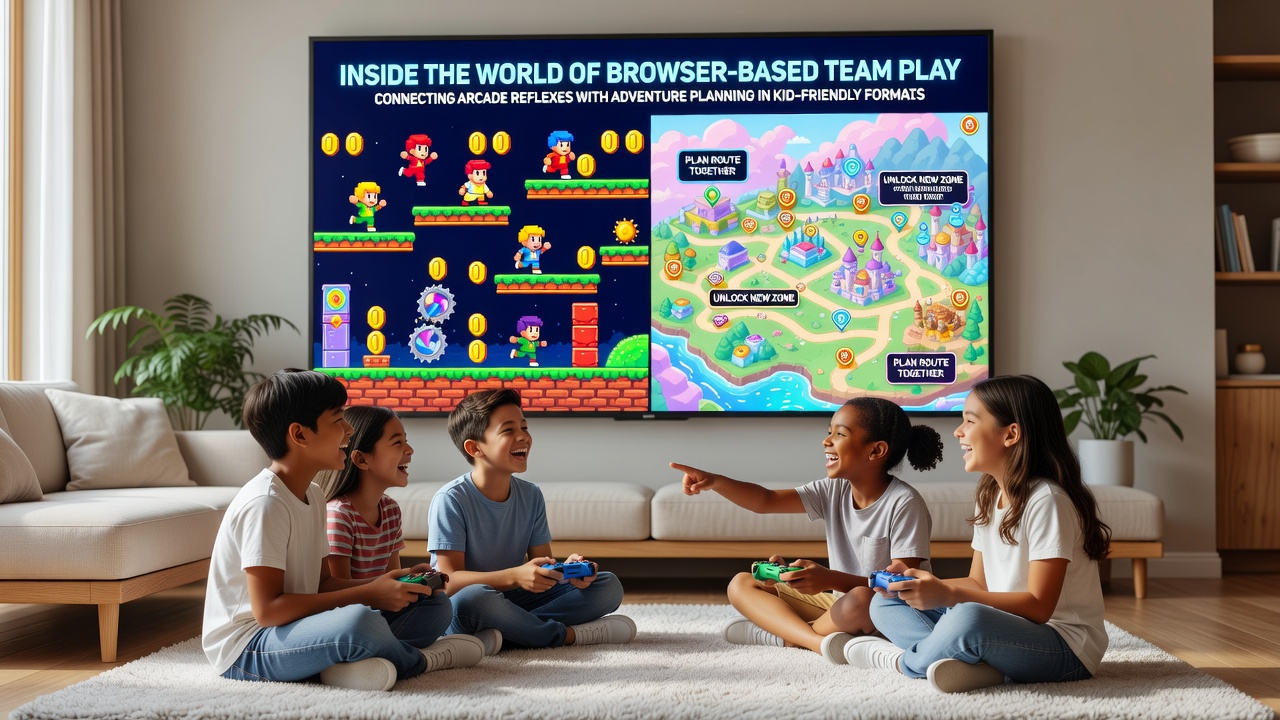 Kids collaborating on a browser-based adventure game that blends quick reflexes with team strategy planning