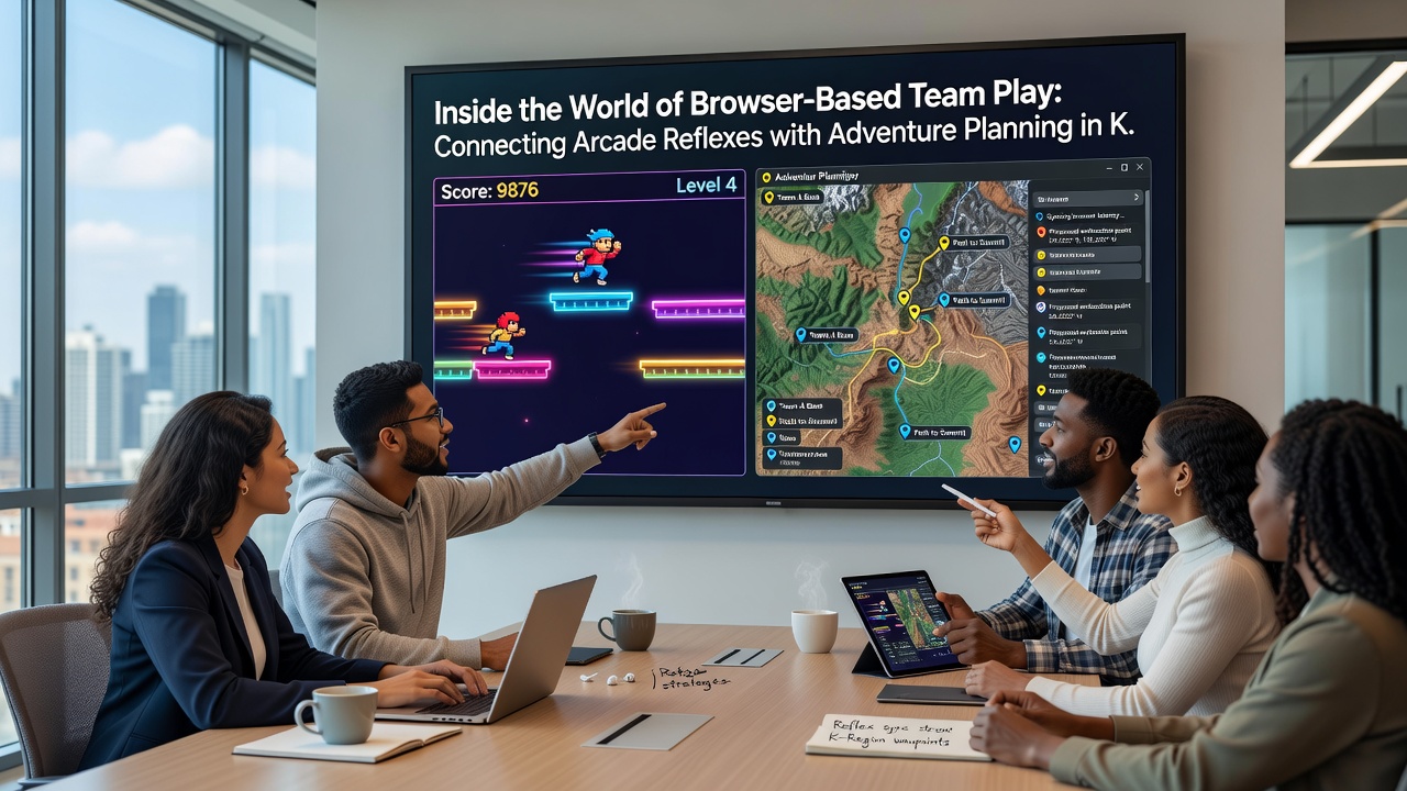 Group of children using browser interfaces to combine arcade actions with strategic planning in a shared adventure scenario