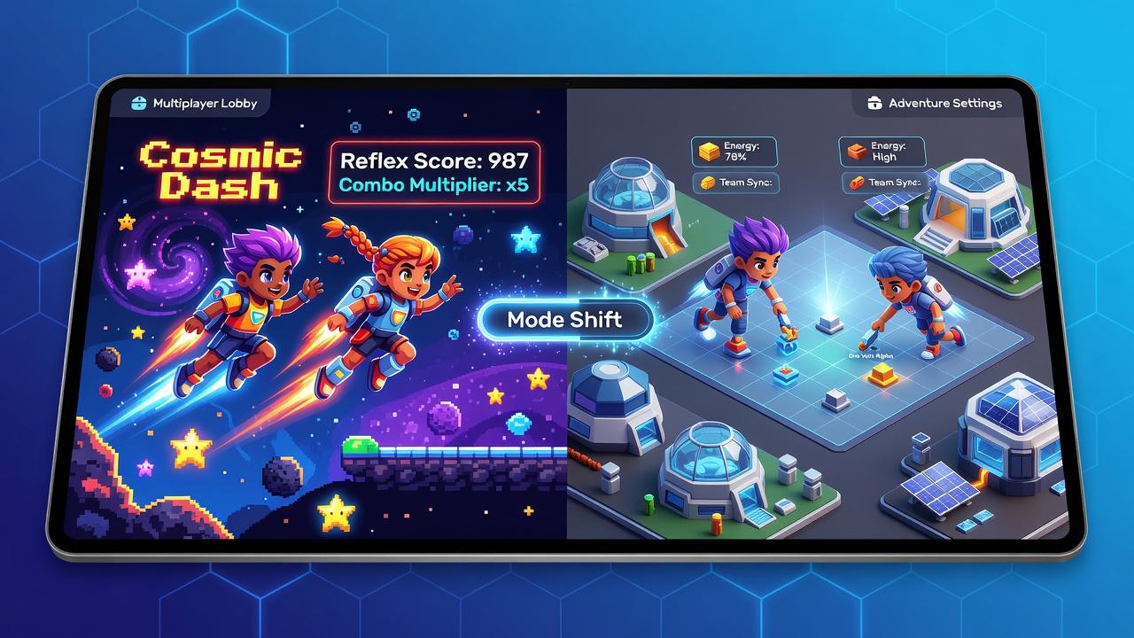 Browser interface showing seamless transition controls between fast-paced arcade elements and strategic planning panels in a children's multiplayer web game