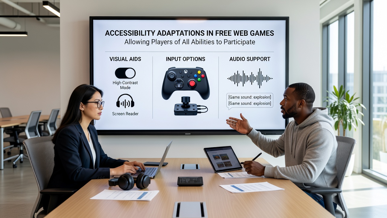 Diverse group collaborating on a browser-based multiplayer strategy and puzzle hybrid with accessibility tools visible