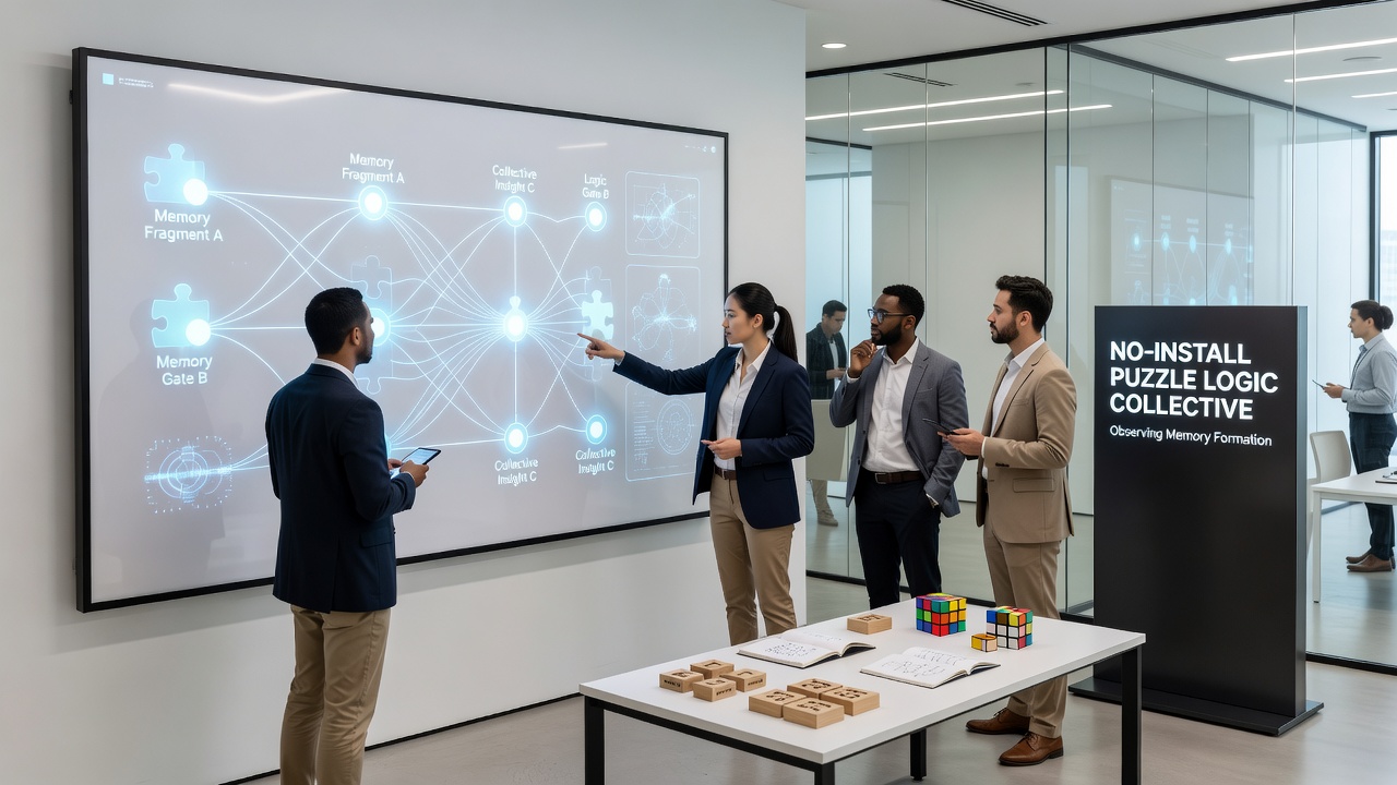 Group of school children using shared browser interfaces to solve interconnected puzzles and coordinate action goals in real time