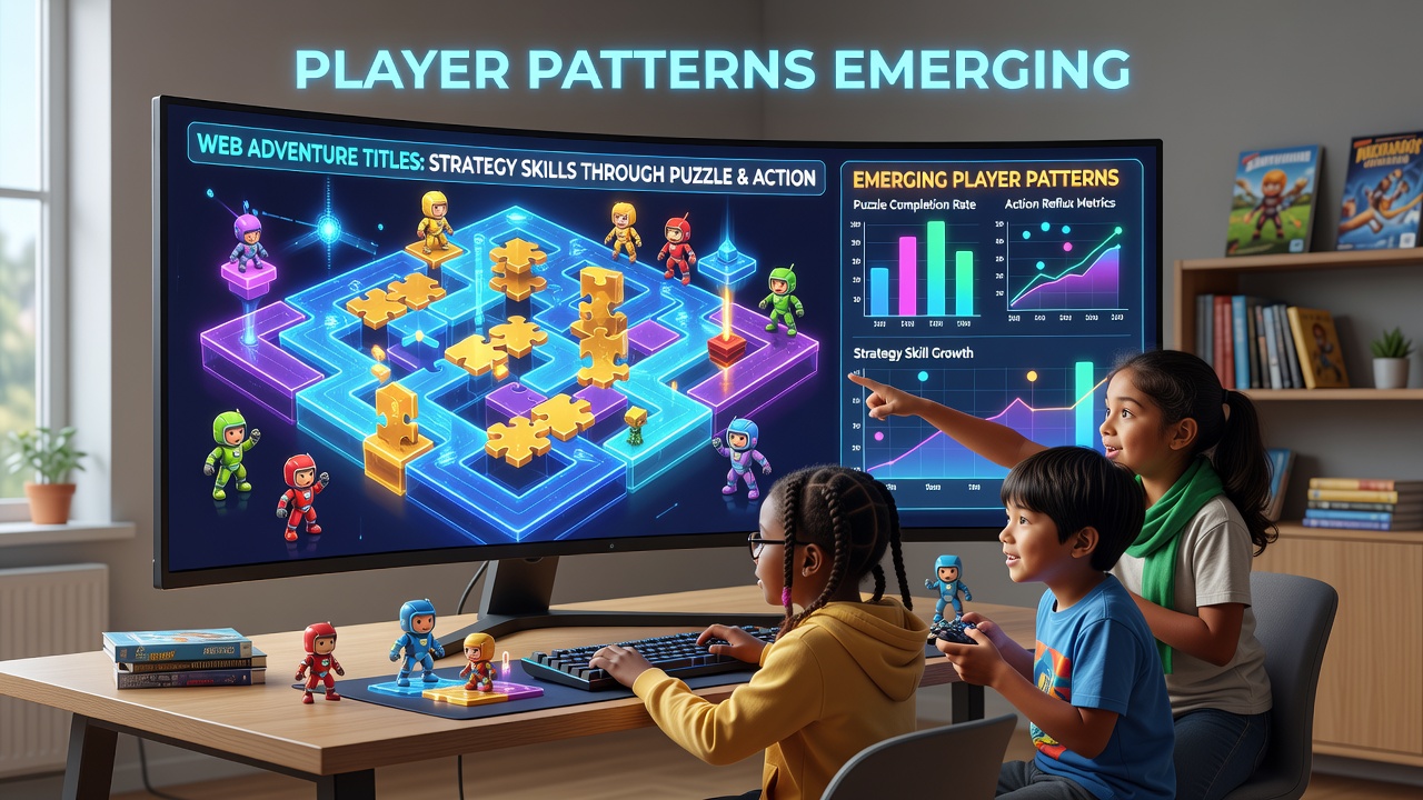 Children engaged in a web-based adventure game combining puzzle solving and action sequences on a tablet screen