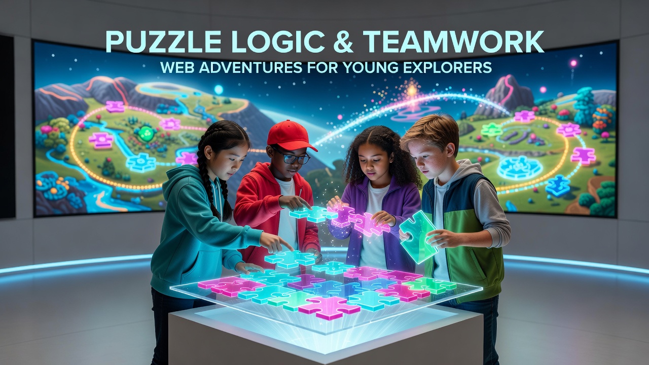 Children collaborating on puzzle elements in a browser-based action adventure game interface
