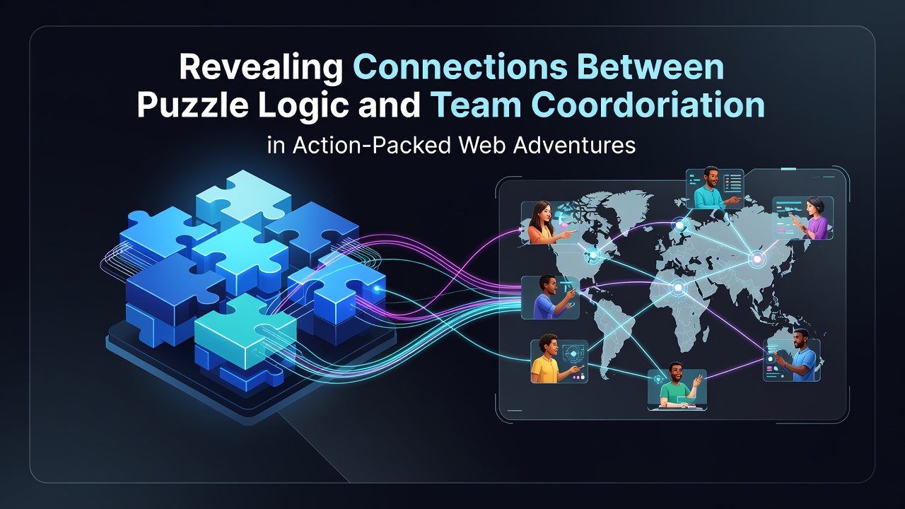Team of young players using browser tools to coordinate actions in an action-packed web adventure