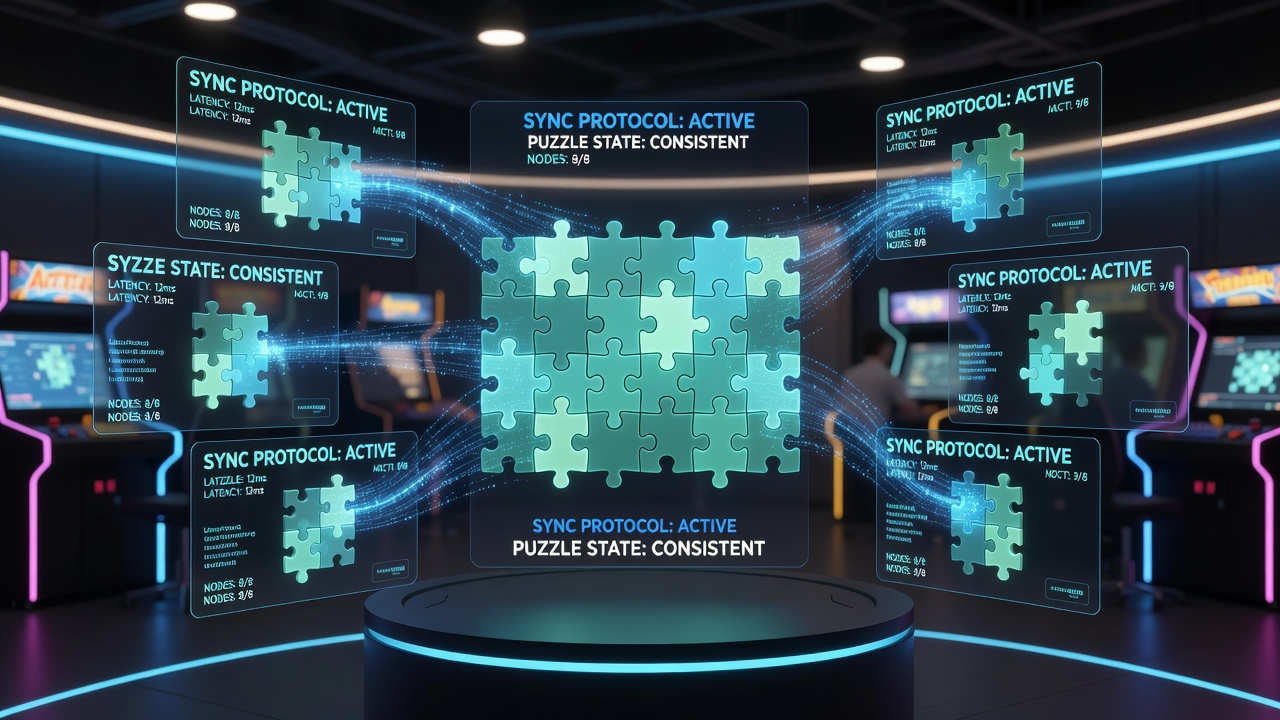 Diagram showing data flow between multiple browser clients and central synchronization servers handling puzzle state updates in real time