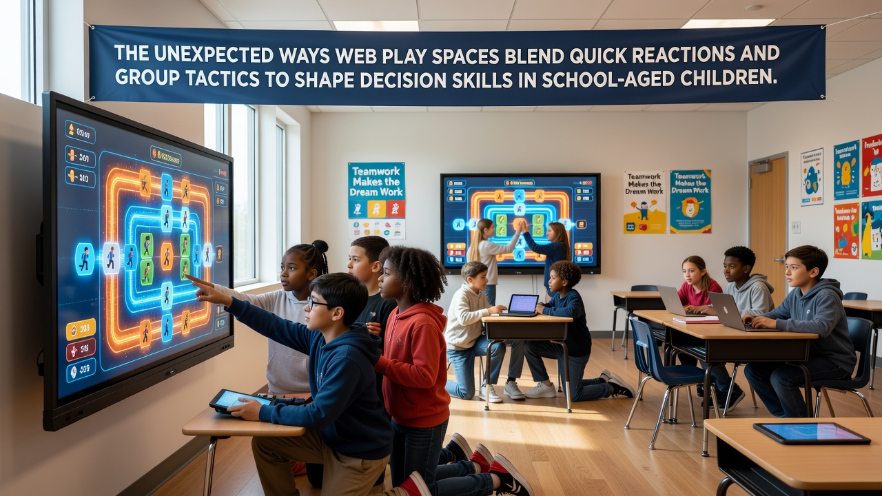 School-aged children collaborating in a browser-based game environment that mixes fast-paced challenges with team strategy elements