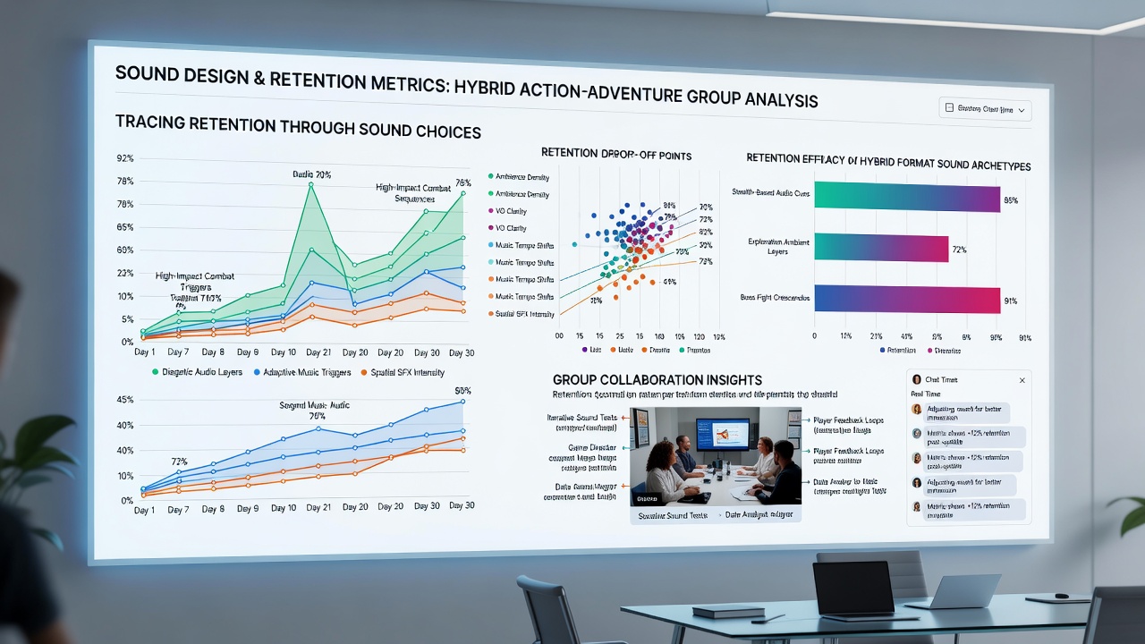 Audio waveform visualization overlaid on multiplayer browser adventure map for group coordination analysis
