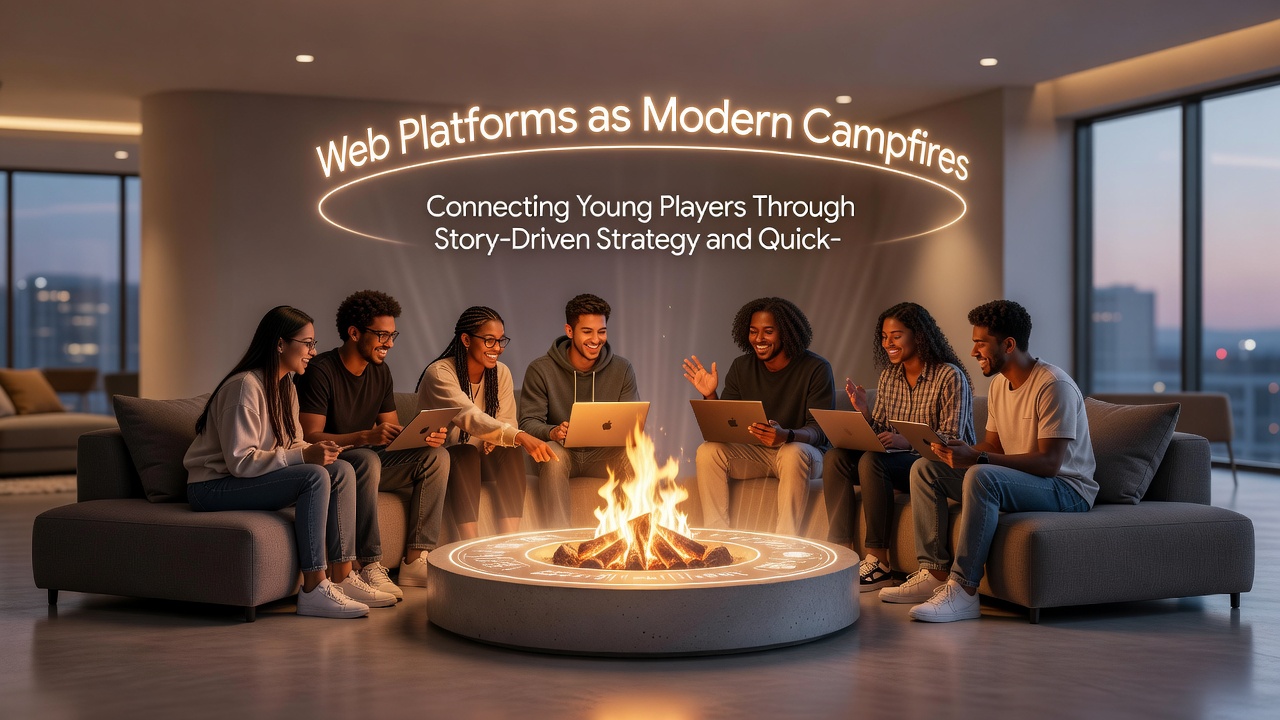 Diverse group of children collaborating on a web strategy game with story maps and action timers displayed, highlighting connection in a shared digital space